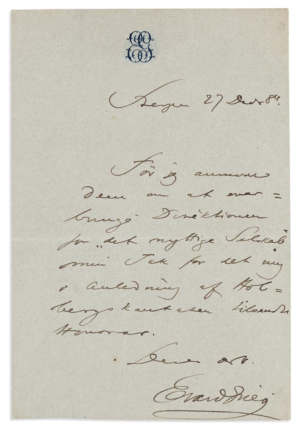 GRIEG, EDVARD. Autograph Letter Signed, in Danish,